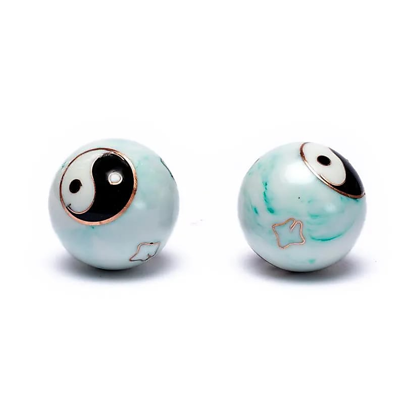 Čínske meditačné guličky (Baoding balls) Yin Yang biela/zelená mramorované - 3,5cm