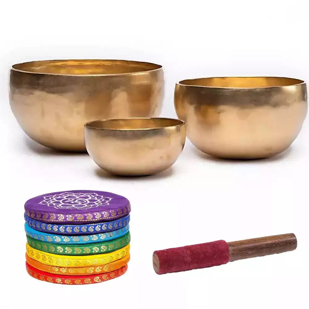 Tibetská spievajúca miska ladená E-432 Hz ručne tepaná Manipura (Nabhi) di 400-500g set 13,5cm